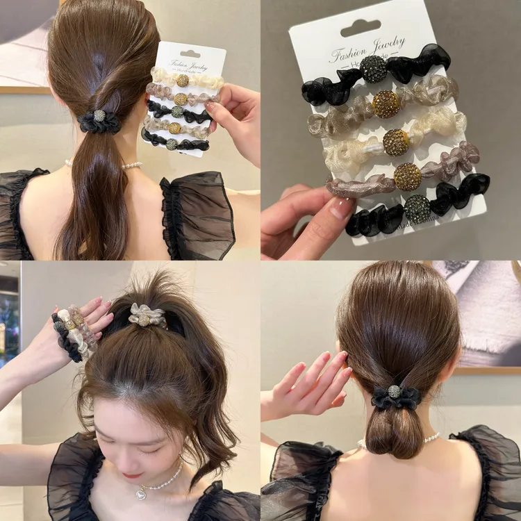 R-明誉优品个体店春季新款球球高弹褶皱闪光网纱发圈头绳