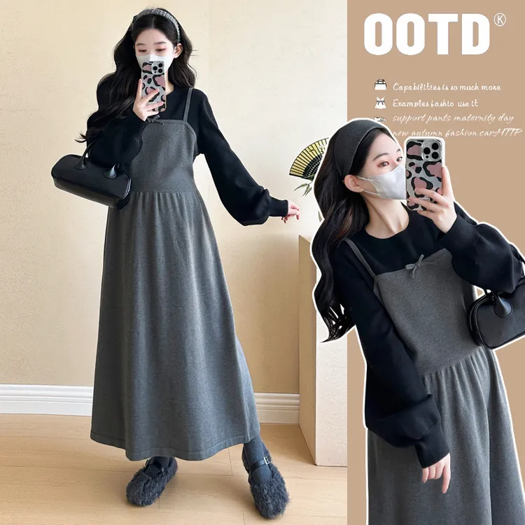 孕妇连衣裙2024秋冬新款时尚韩版宽松假两件中长款针织孕妇裙秋装