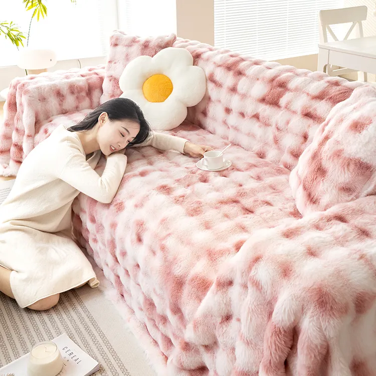 网红多巴胺沙发巾冬季保暖加厚坐垫套罩兔毛绒万能全包盖布巾毯子