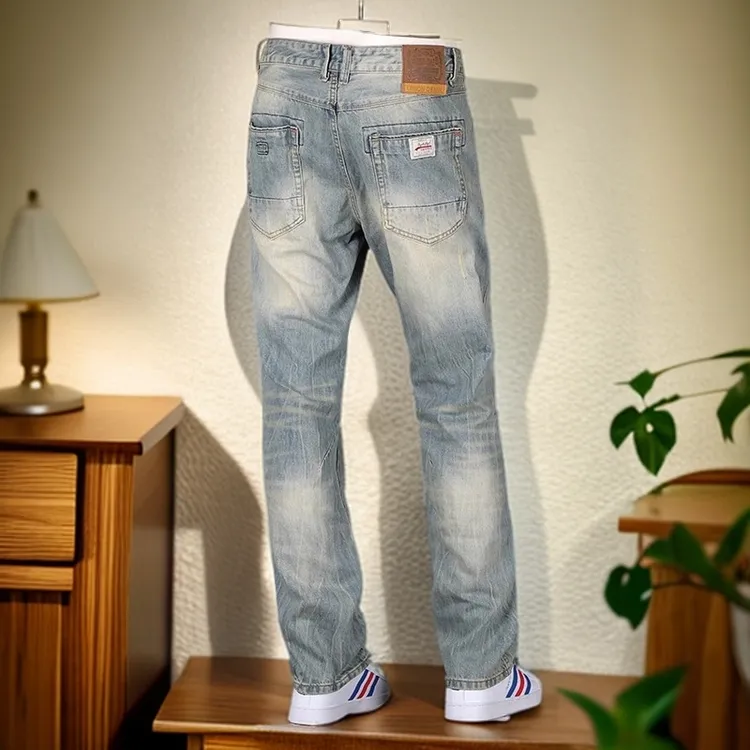 维斯克纳春夏季欧美潮牌牛仔裤男士复古怀旧重磅宽松直筒大码长裤