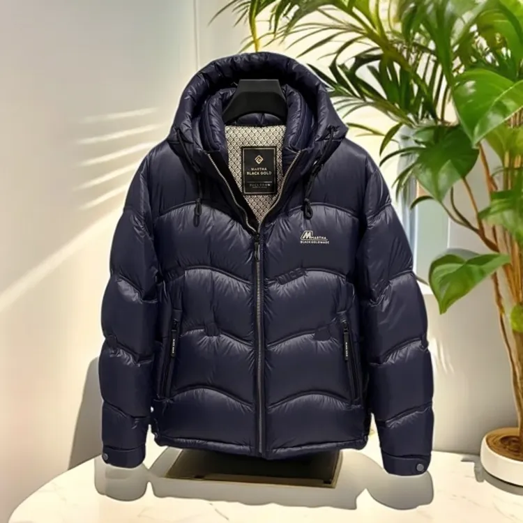 维斯克纳时尚休闲黑金亮面羽绒服男士冬季加厚保暖连帽面包服外套