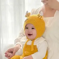 婴儿帽子秋冬款毛线帽女宝宝保暖防风针织帽秋冬季系绳护耳包头帽