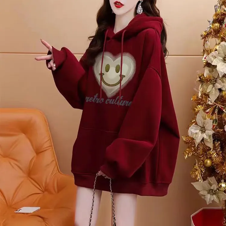 2024爆款秋冬季加绒加厚纯棉连帽笑脸爱心卫衣宽松慵懒风百搭上衣