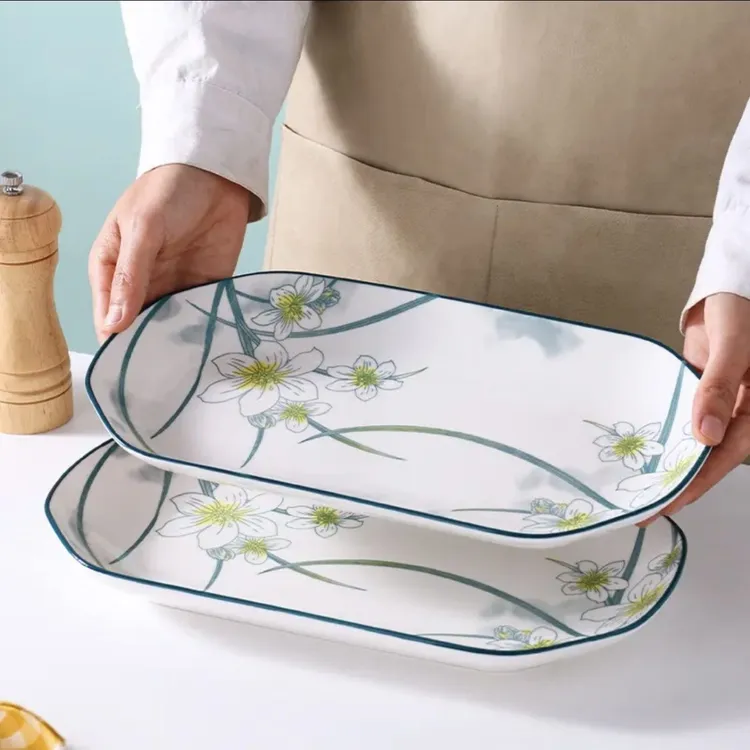 水仙花魚盘盘子创意方盘餐具餐盘家用大号长方形30cm2只菜盘蒸鱼