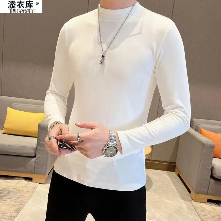 白色打底衫男修身半高领打底衫舒适男士打底t恤长袖男士秋装短袖