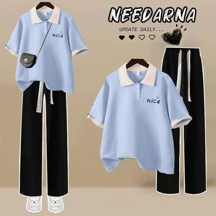休闲运动服套装少女夏装2024新款初中高中学生polo短袖T恤两件套