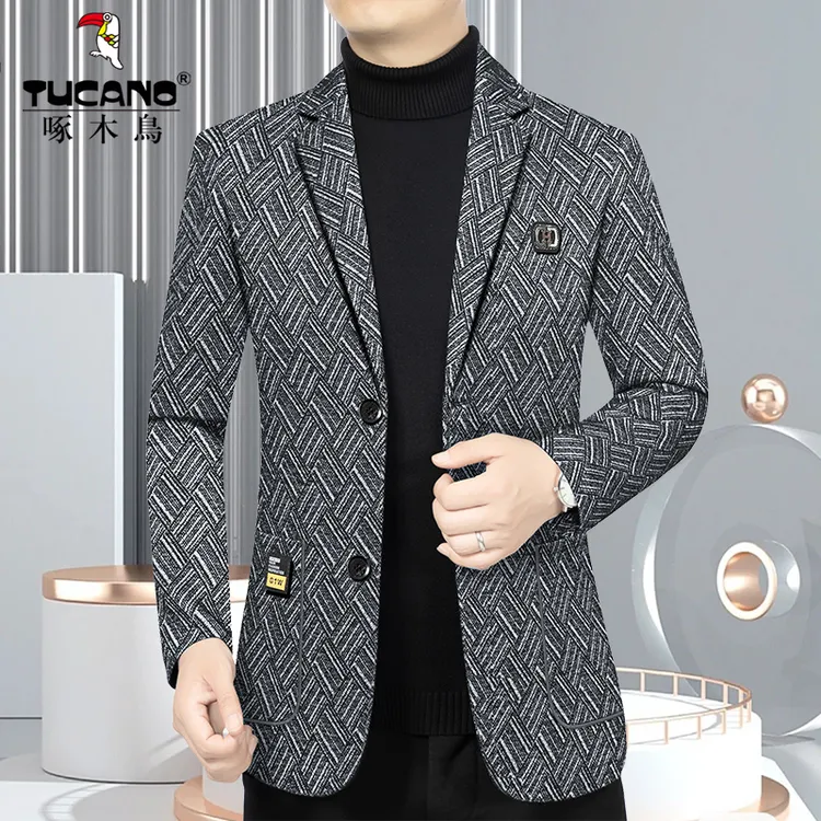 啄木鸟正品中年男士西服外套商务休闲时尚修身百搭西装上衣男装潮