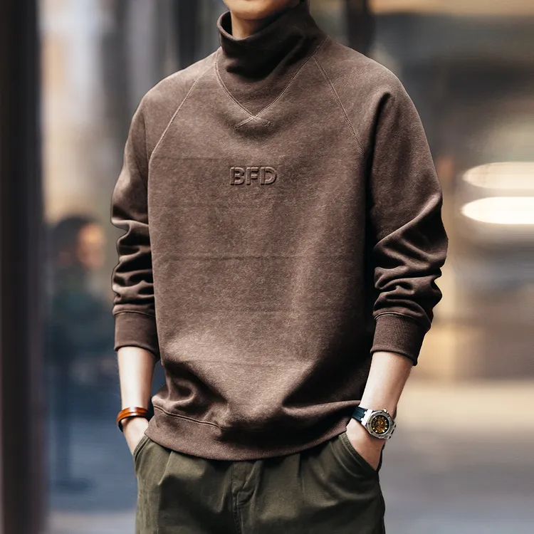 格蓝鹿高端日系复古半高领扎染卫衣男2025秋冬加绒重磅宽打底上衣