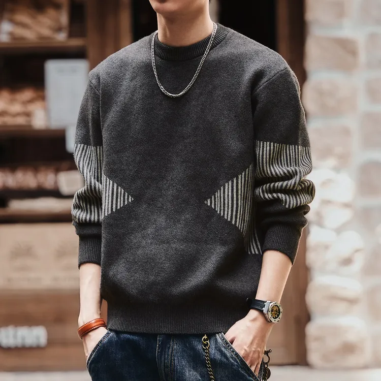 格蓝鹿美式重磅复古拼色圆领毛衣男士秋冬新款宽松套头长袖针织衫