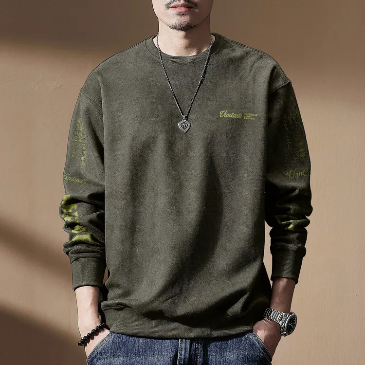 格蓝鹿高端重磅380g麂皮绒圆领卫衣男秋冬加绒宽松大码美式长袖男