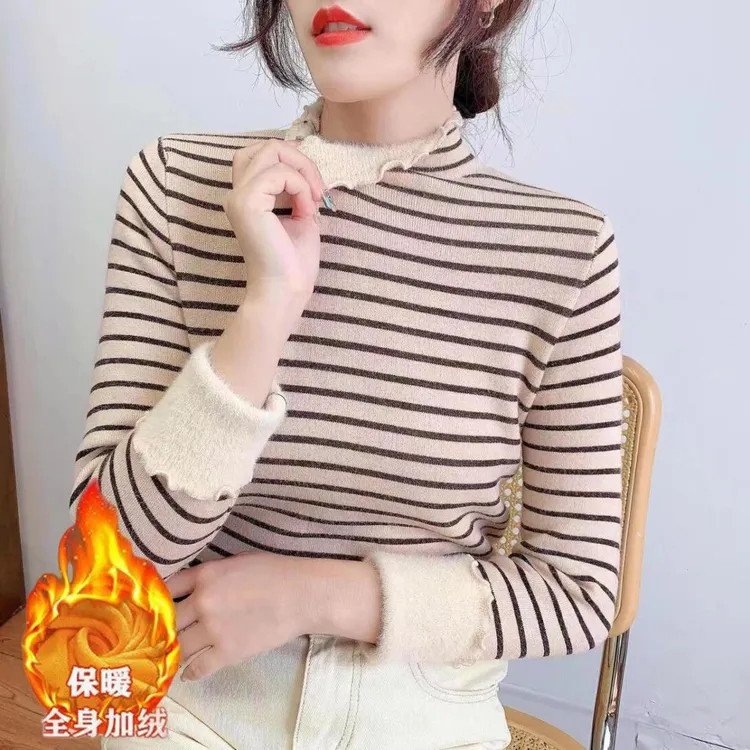 半高领条纹一体绒毛衣女秋冬新款加绒加厚保暖针织打底衫内搭洋气
