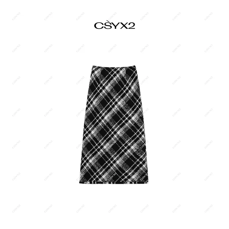CsyX2-2025S/S早秋新款高腰包臀显瘦黑白格子毛呢半身裙D40793