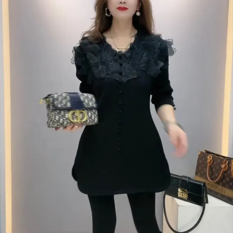 秋季新款时尚连衣裙显瘦洋气长袖气质遮肚修身打底中长款