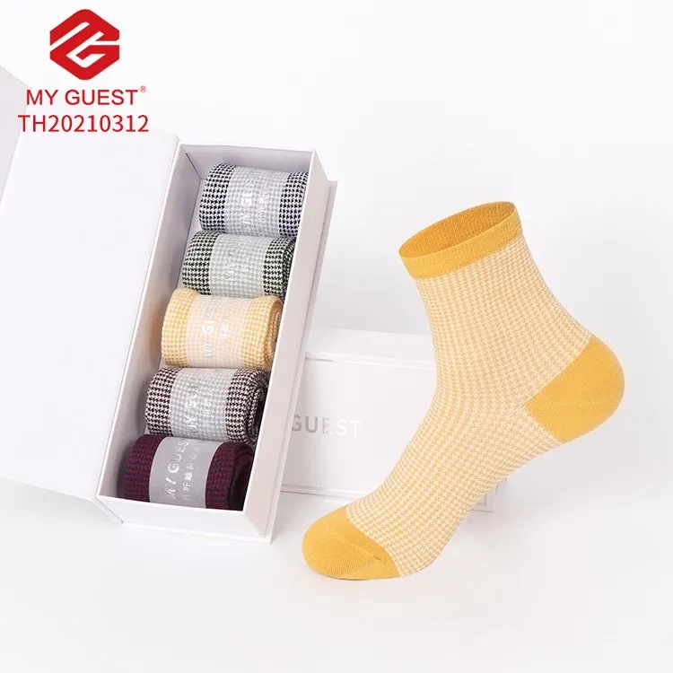MYGUEST竹纤维防臭袜吸汗透气无骨缝袜子千鸟格中筒袜5双装秋冬