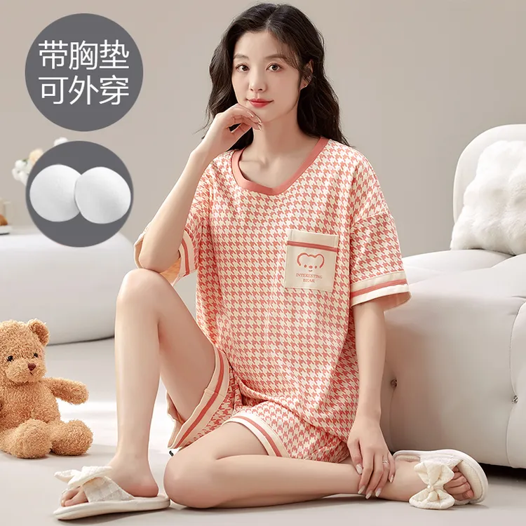 带胸垫防凸点睡衣女短袖短裤夏季休闲千鸟格薄款家居服可外穿套装