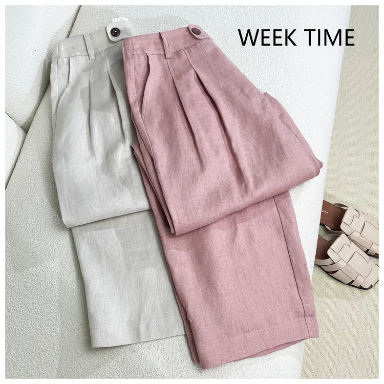 粉黛定制灰粉调亚麻宽松慵懒感阔腿裤男友风休闲十分