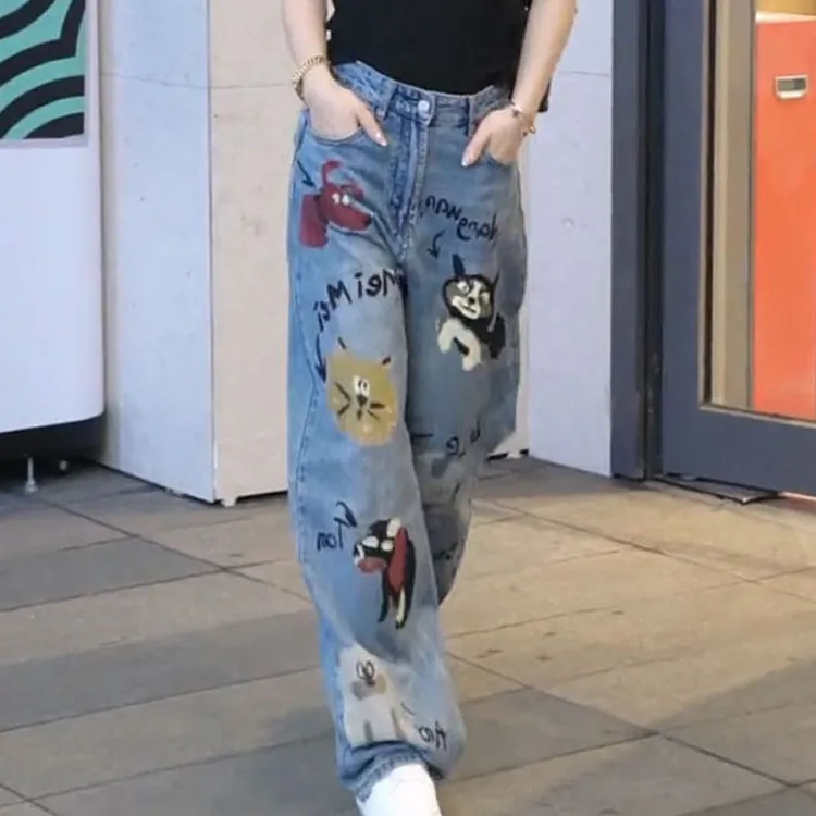 美式涂鸦印花牛仔裤女春秋设计感小众时尚高腰宽松显瘦直筒阔腿裤
