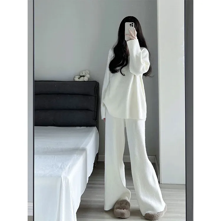 时尚套装女士秋冬季针织上衣慵懒风毛衣阔腿裤白色休闲裤子两件套