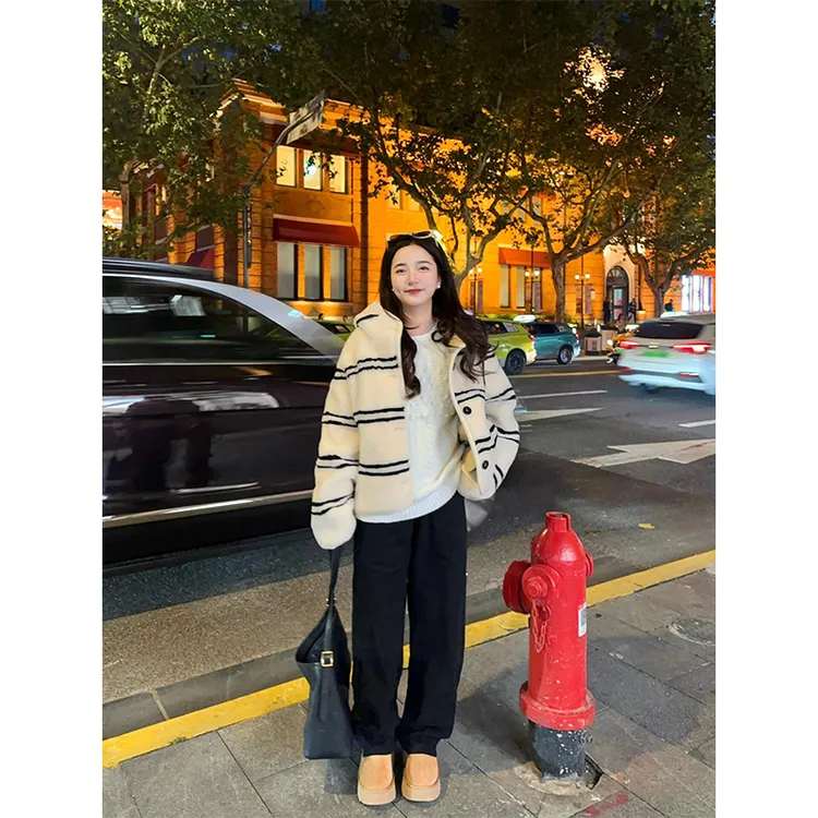小香风高级感毛毛外套中长款条纹保暖上衣直筒高腰修身垂感阔腿裤