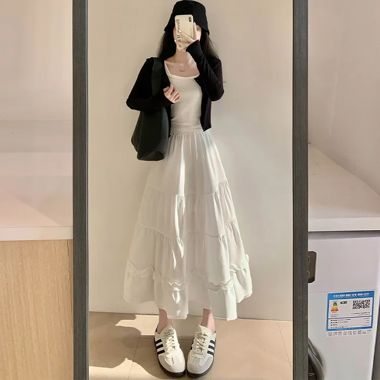 白色荷叶边半身裙女春秋夏2024新款高腰垂感a字小个子木耳蛋糕裙