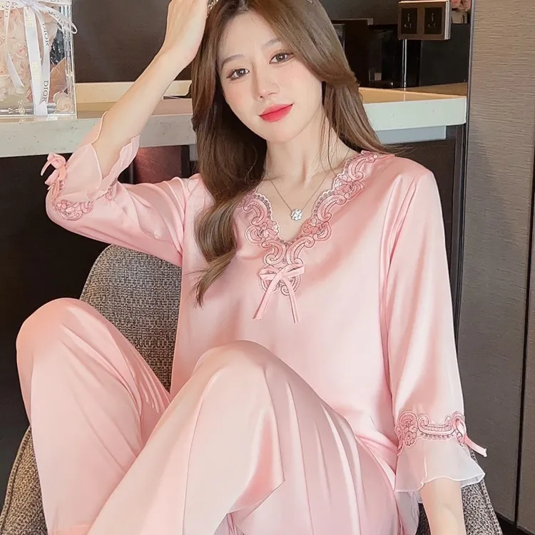 【清兰】夏季蕾丝睡衣薄款高级感宽松大码家居服套装女士夏天花边