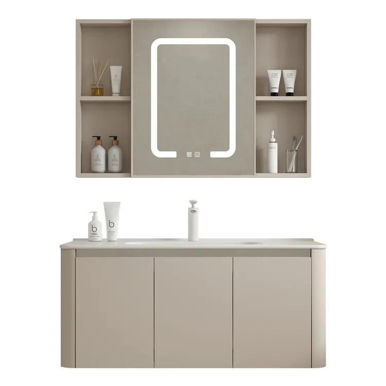奶油风浴室柜蜂窝铝柜陶瓷一体盆组合智能卫生间洗手洗脸盆洗漱台