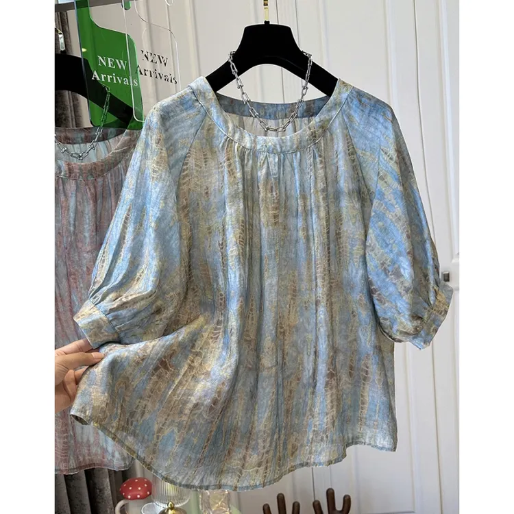 超好看宽松花色扎染雪纺短袖小衫女上衣遮肚子七分袖2024夏季新款