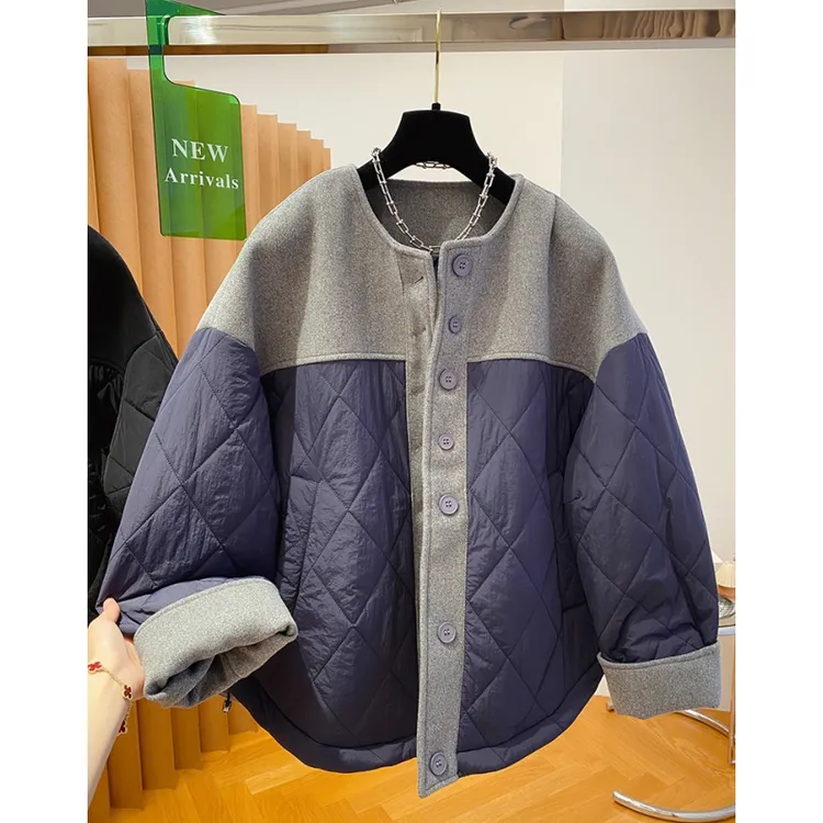 深圳南油高端欧货拼接棉服女冬2024新款宽松休闲别致夹棉棉衣外套