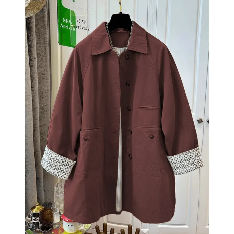 2024秋季新款蕾丝拼接袖口翻领风衣女欧洲站洋气中长款宽松外套