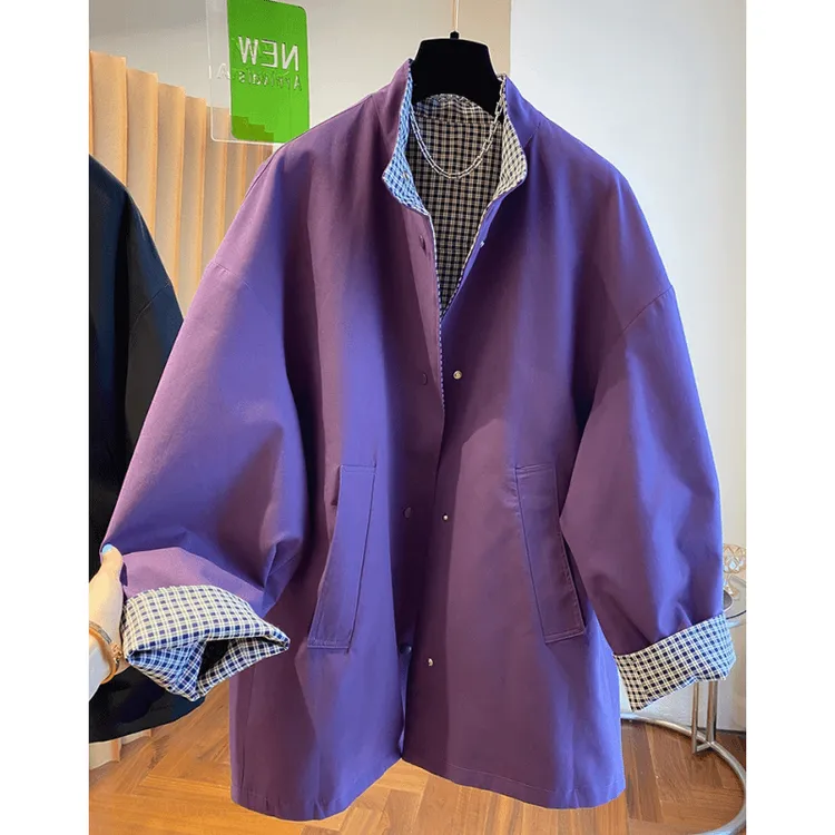 欧货高级感两面穿风衣外套女中长款2024新款紫色宽松立领格子大衣