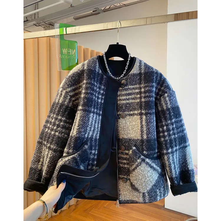 高级感加厚毛外套女秋冬季2024新款宽松时尚保暖漂亮无领上衣潮