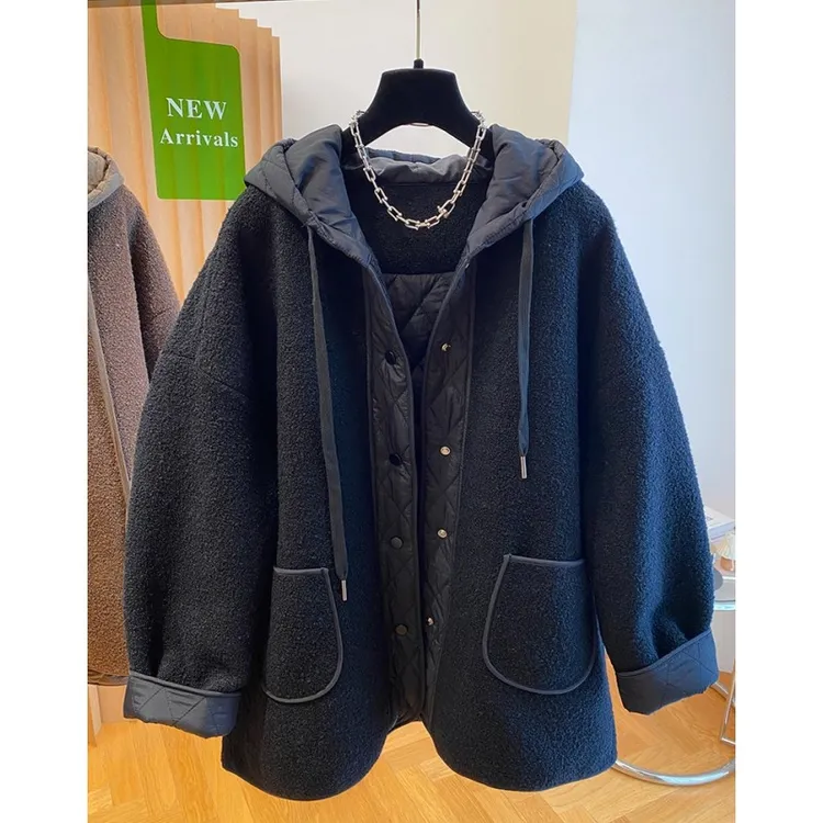 黑色中长款毛茸茸棉服女冬季2024新款宽松高级感连帽夹棉大衣外套