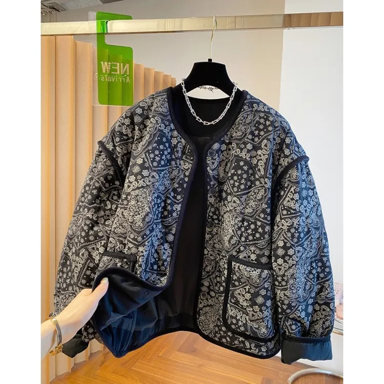 冬季新款宽松气质时尚洋气无领棉衣外套高级感欧货腰果花棉服女