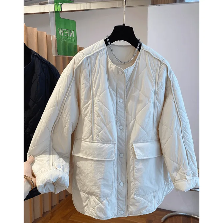 高级感绗缝无领棉服女冬季2024新款宽松休闲时尚洋气轻薄棉衣外套