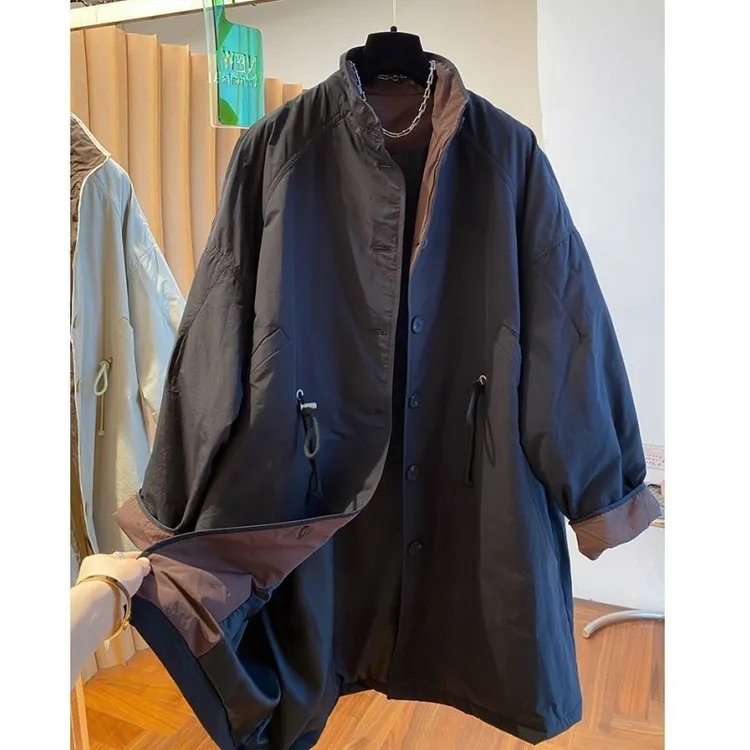 韩版高端气质欧货立领轻薄棉服女冬季设计感中长款宽松夹棉风衣
