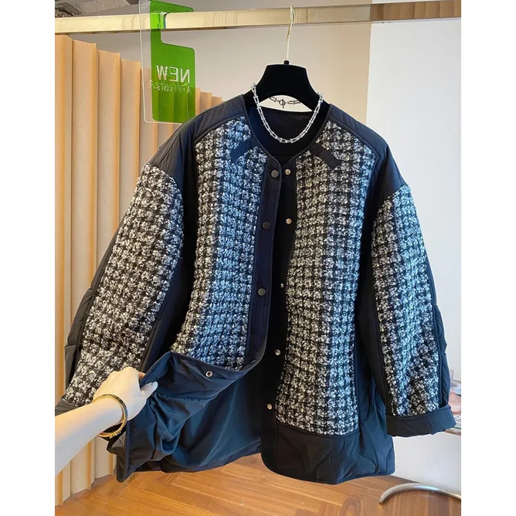 欧货高级感拼接棉服女冬季2024新款宽松圆领独特别致夹棉棉衣外套