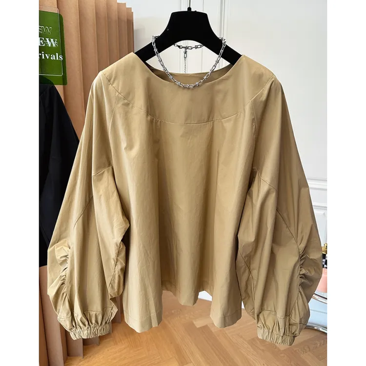 2024新款小众宽松褶皱泡泡袖衬衫女低圆领套头灯笼袖娃娃衫上衣秋