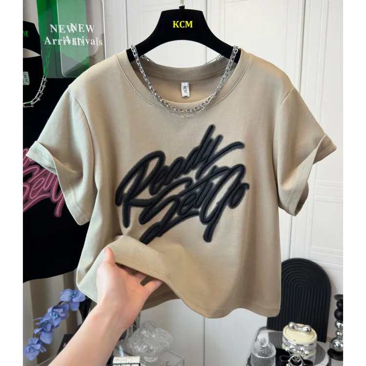 韩系减龄甜酷重工刺绣字母棉布短款短袖T恤女夏季半袖上衣体恤ins