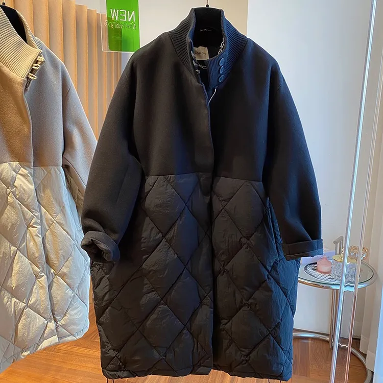 设计感小众毛呢拼接棉服女中长款欧货高端秋冬季2024新款大衣外套