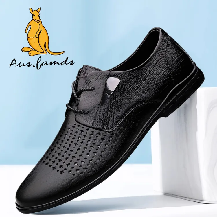 AUSFAMDS/澳洲名袋鼠2024时尚休闲新款商务正装百搭黑色镂空皮鞋