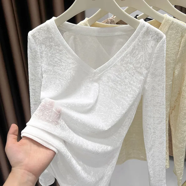 钻石毛长袖v领t恤女2025春秋新款高级感纯色修身打底衫内搭上衣潮