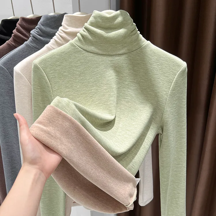 秋冬新款牛油果绿堆堆领休闲长袖打底柔软加绒加厚内搭保暖女上衣