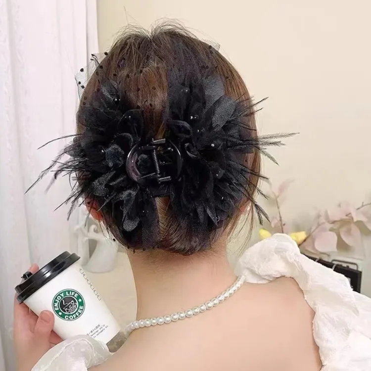 诗泊雅 牡丹花羽毛抓夹高级感发夹盘发抓夹鲨鱼夹
