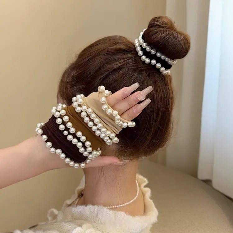 秋冬新款零压柔软高弹力小香风珠珠面膜发圈雅丹风不勒发扎发头绳