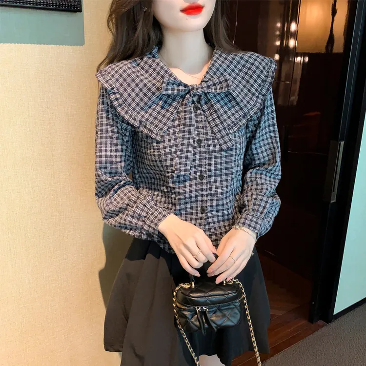 2025春季新款法式复古长袖格子衬衫女士娃娃领上衣设计感小众衬衣