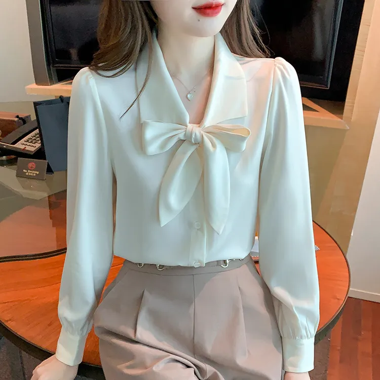 2025早春新款西装领飘带蝴蝶结雪纺衫女士高级感长袖缎面衬衫百搭