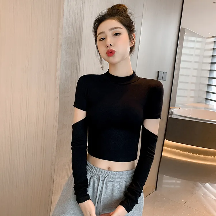 2025黑色螺纹镂空设计感小众短款长袖t恤显瘦ins韩透气上衣早秋女