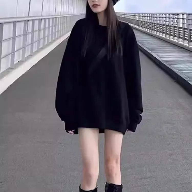 黑色无帽加绒卫衣女秋冬新款美式休闲宽松大码时尚百搭中长款上衣