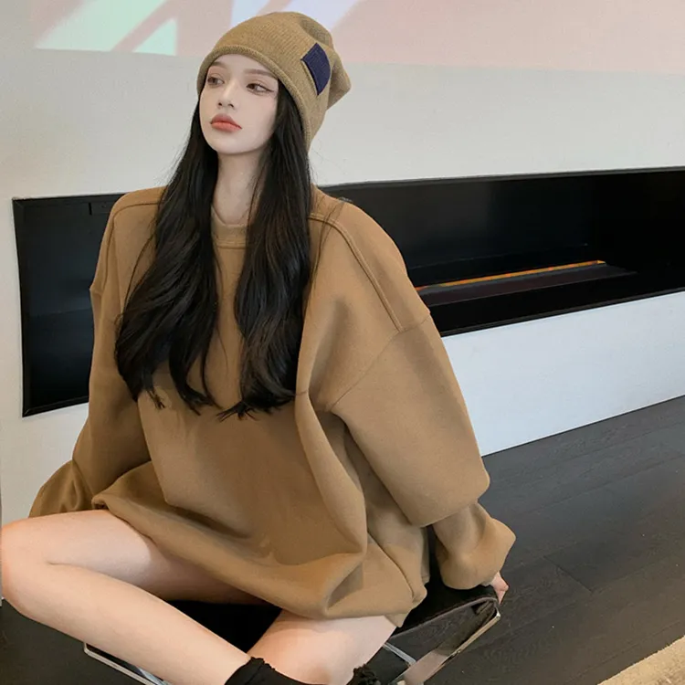 驼色圆领卫衣女秋季新款美式宽松复古时尚加绒oversize中长款上衣