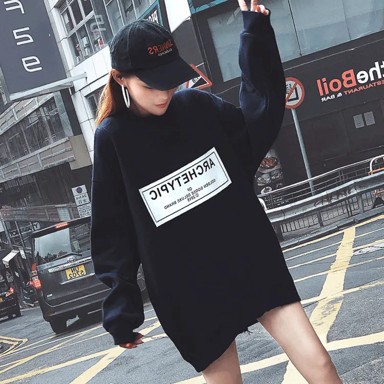 黑色加绒无帽卫衣女宝藏衣橱上新秋季美式宽松时尚潮牌中长款上衣